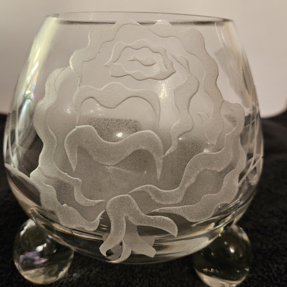Tiffin 3 Ball Footed Sand Carved  Swedish Optic Rose Bowl